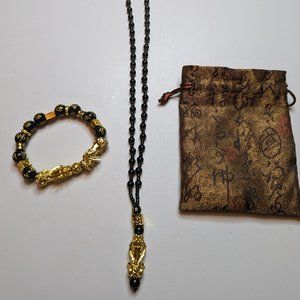 Feng Shui Black Obsidian Beads Necklace Bracelet Carrying Pouch